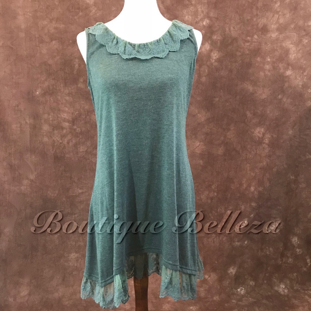 Heather Sage Long Tank Top with Lace Neck Detail